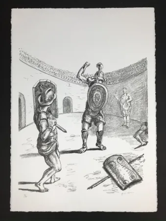 石版画 De Chirico - Gladiatori nell'arena