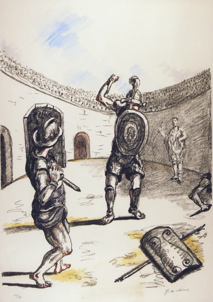 石版画 De Chirico - Gladiatori nell'arena