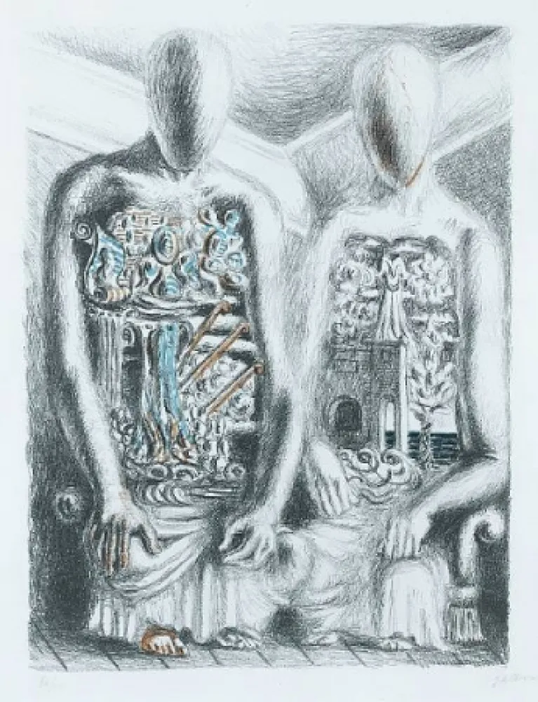 石版画 De Chirico - Gli Archeologi IV dalla suite Metamorphosis