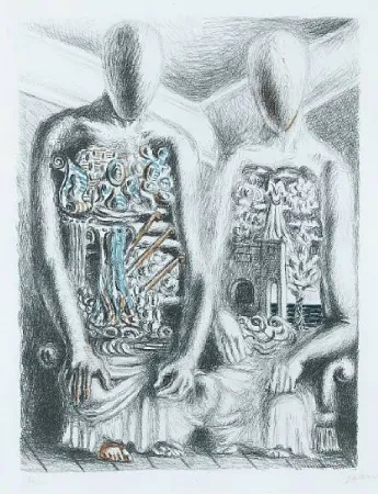 石版画 De Chirico - Gli Archeologi IV dalla suite Metamorphosis