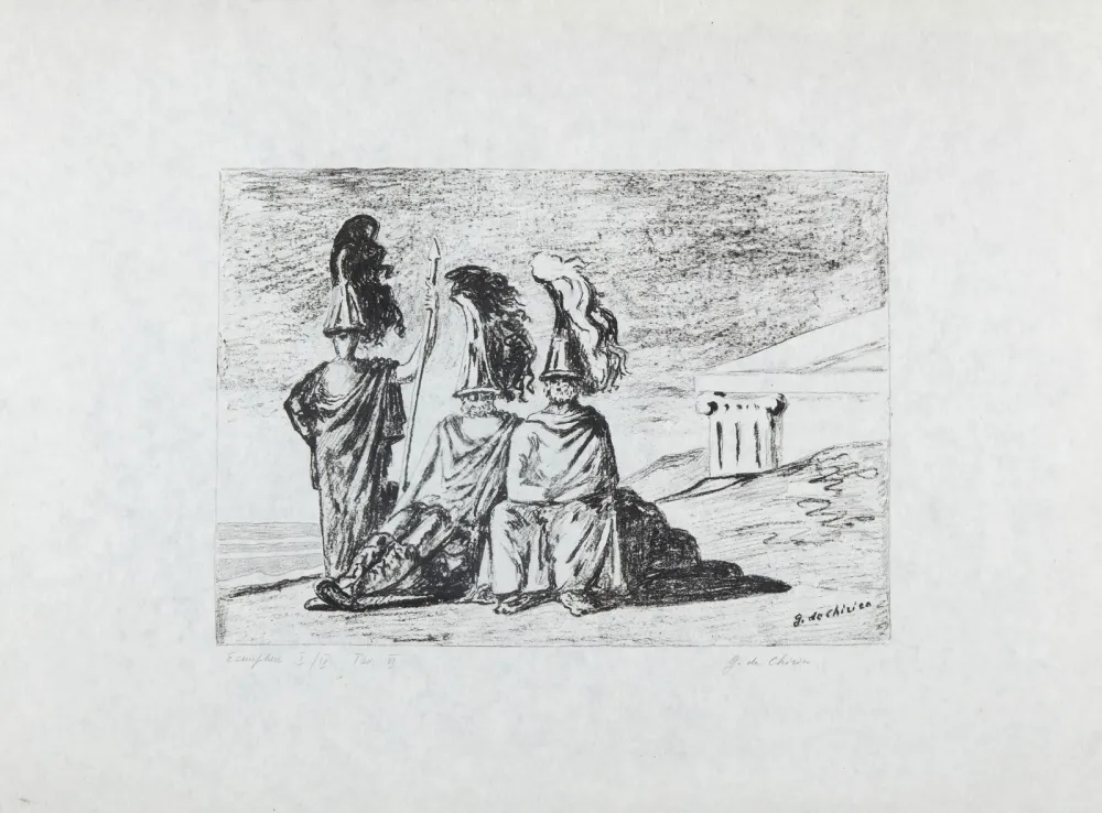石版画 De Chirico - I guerrieri di ritorno da Troia