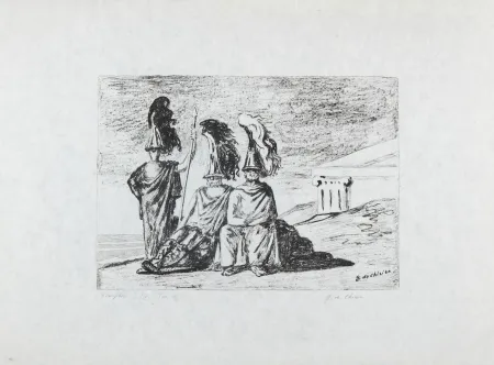 石版画 De Chirico - I guerrieri di ritorno da Troia