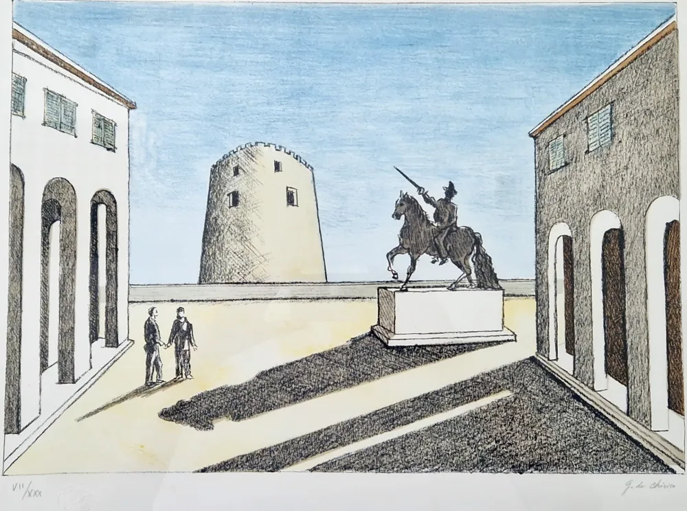 石版画 De Chirico - Piazza d'Italia con statua equestre.