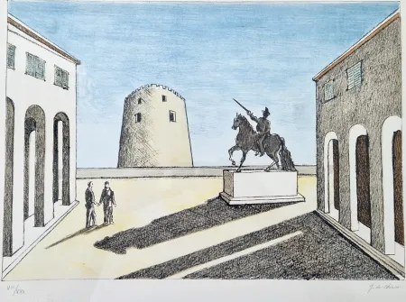 石版画 De Chirico - Piazza d'Italia con statua equestre.