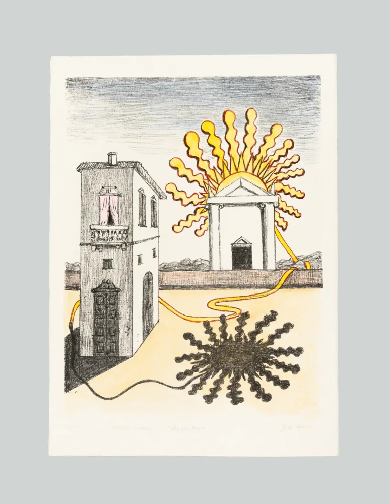 石版画 De Chirico - Sole sul tempio