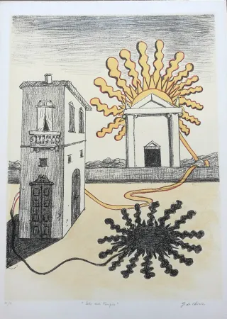 石版画 De Chirico - Sole sul tempio