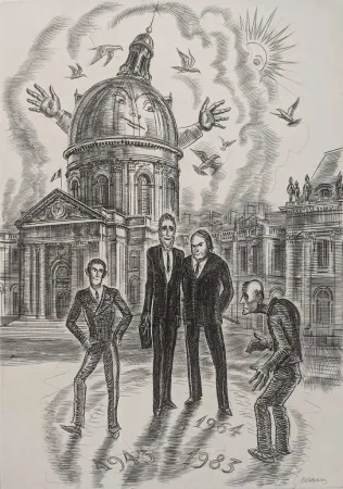 蚀刻版画 Decaris - Devant l'Académie Française