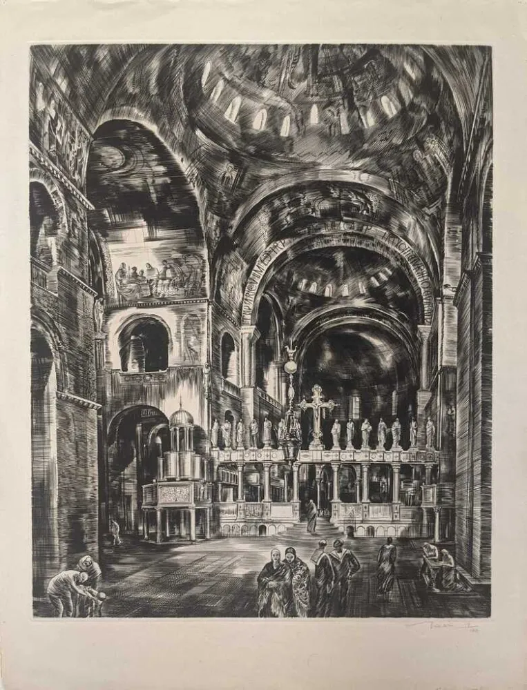 蚀刻版画 Decaris - Intérieur de Saint-Marc I (Venise) / Interior of St. Mark's, Venice
