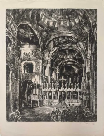 蚀刻版画 Decaris - Intérieur de Saint-Marc I (Venise) / Interior of St. Mark's, Venice