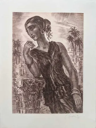 蚀刻版画 Decaris - Melancholy woman in classical landscape