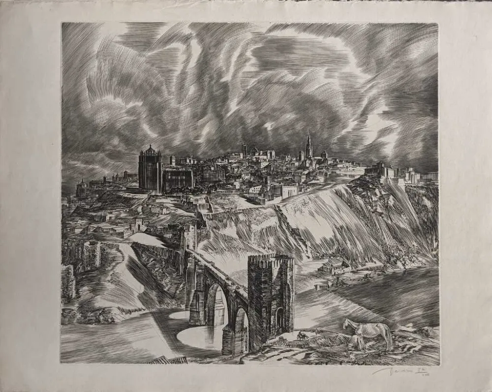 蚀刻版画 Decaris - Toledo (Puente San Martín en largeur de loin)