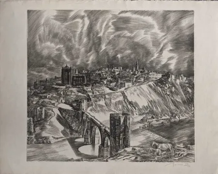 蚀刻版画 Decaris - Toledo (Puente San Martín en largeur de loin)