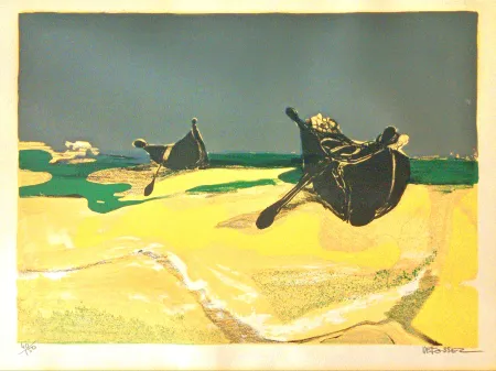 石版画 Defossez - Deserted Boats - Beautiful Vintage Lithograph