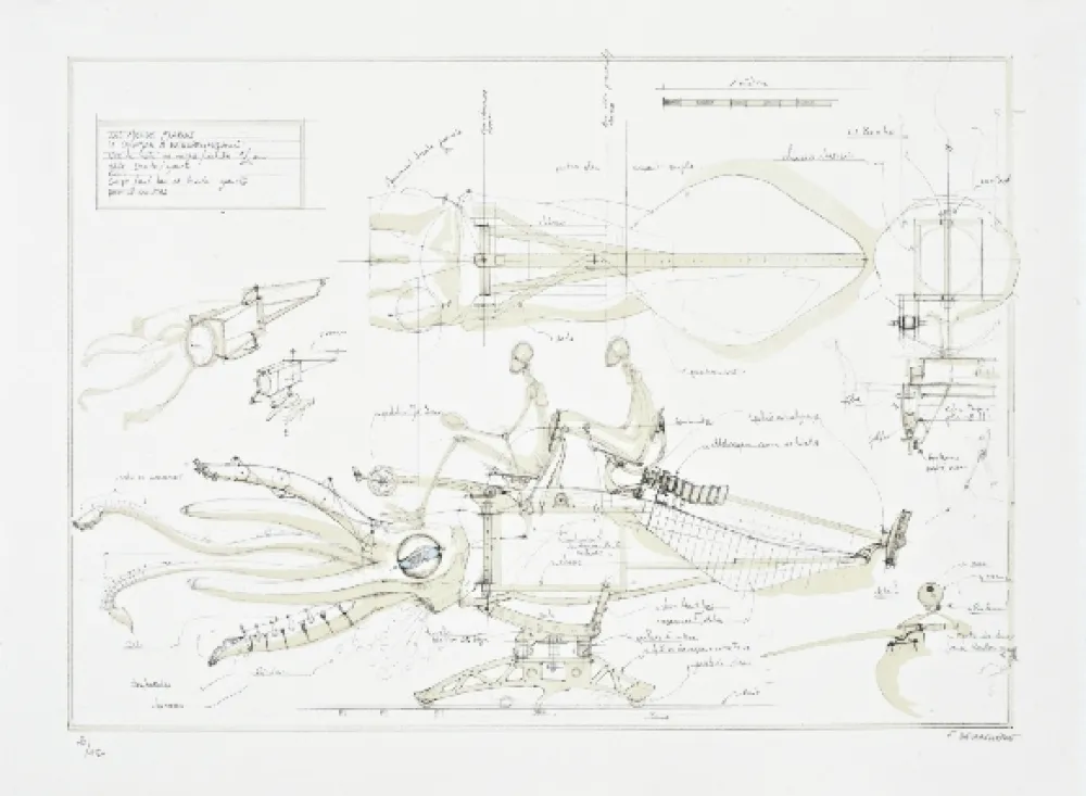 石版画 Delarozière - Le calamar a retropropulsion