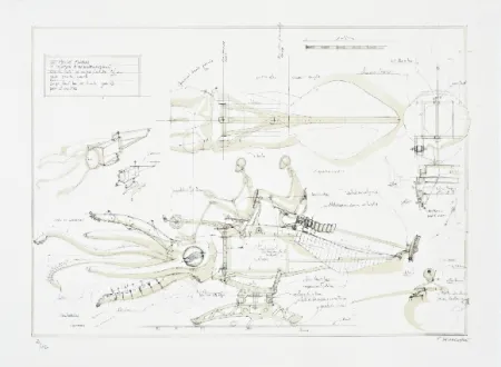 石版画 Delarozière - Le calamar a retropropulsion