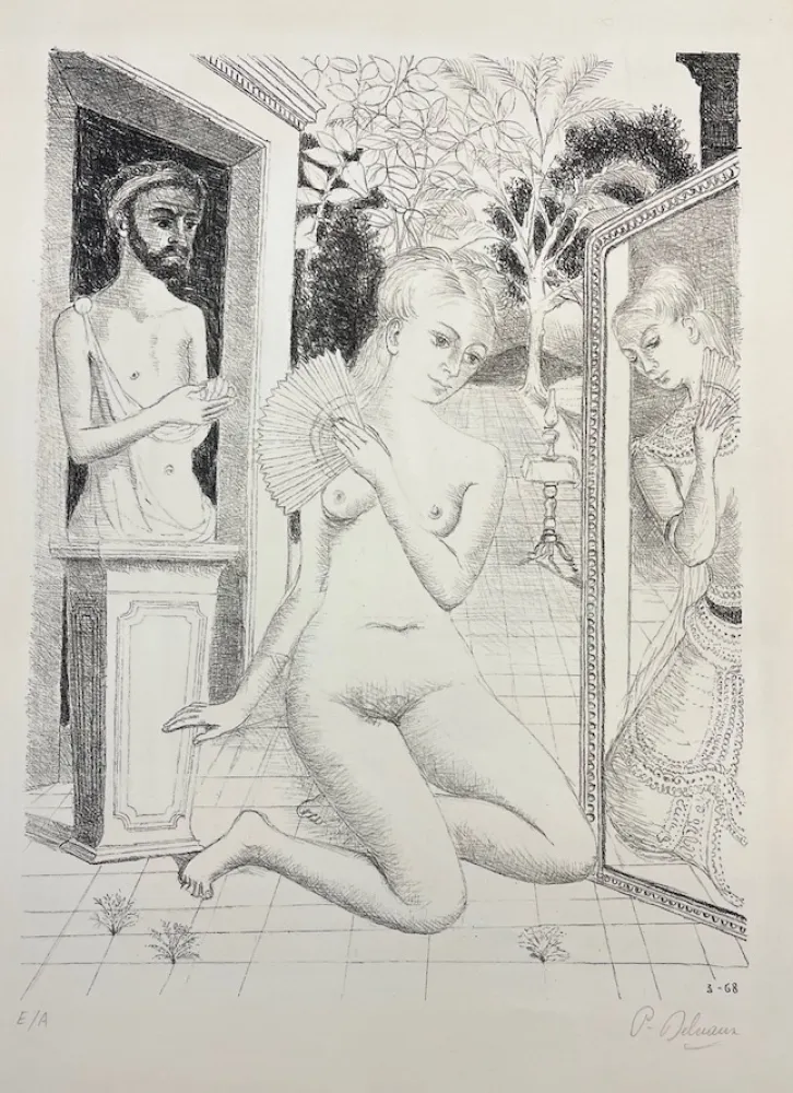 石版画 Delvaux - L' Eventail