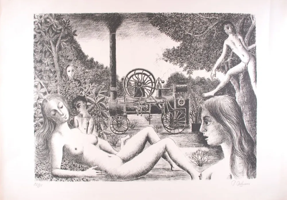 石版画 Delvaux - La Locomobile