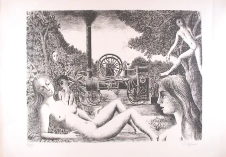 石版画 Delvaux - La Locomobile