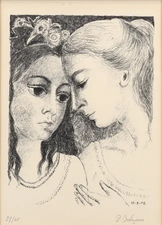 石版画 Delvaux - Paul Delvaux (1897–1994) - Secrets - Lithograph on Arches paper - 1972