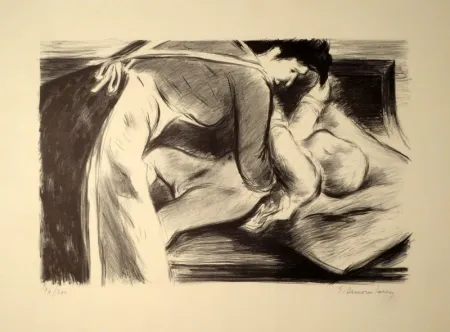 石版画 Dessouslavy - Eine Mutter bettet ihr Kind