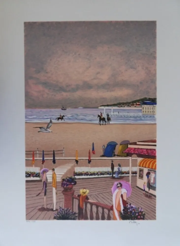 石版画 Dilley - La plage de Deauville
