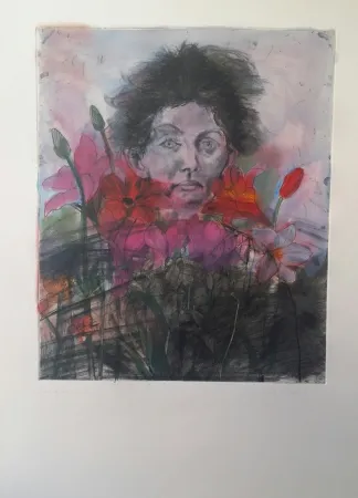 版画 Dine - NANCY OUTSIDE IN JULY FLOWERS OF THE HOLY LAND (1979 )  GRAVURE SIGNEE ET JUSTIFIEE  AVEC REHAUTS DE COULEURS  EPREUVE UNIQUE sur arches creme  FORMAT 90 X  63 CM ENVIRON  RARE  CATALOGUE RAISONNE D OENCH & FEINBERG 61 P 89 