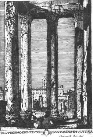 蚀刻版画 Disertori - Il pronao del tempio di Antonino e Faustina