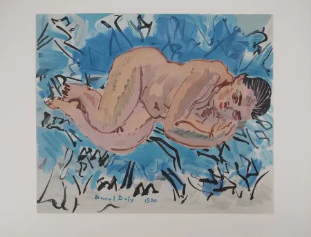 石版画 Dufy - Nu sur un fond bleu