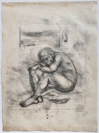 单版画 Ehrlich - Kauernder Mann - Selbstbildnis (Crouching Man - Self-Portrait)