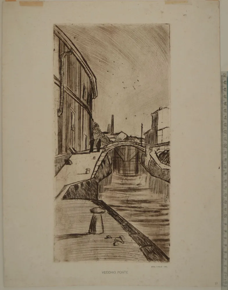 蚀刻版画 Erba - VECCHIO PONTE (A view of the Naviglio in Milan)