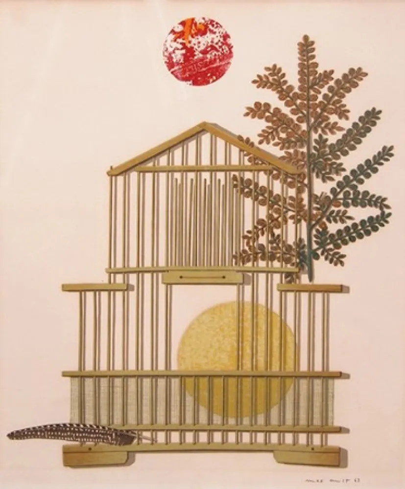 石版画 Ernst - Bird Cage, Feather, Branch and Sun