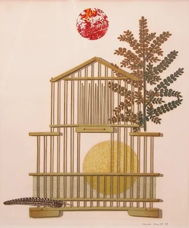 石版画 Ernst - Bird Cage, Feather, Branch and Sun