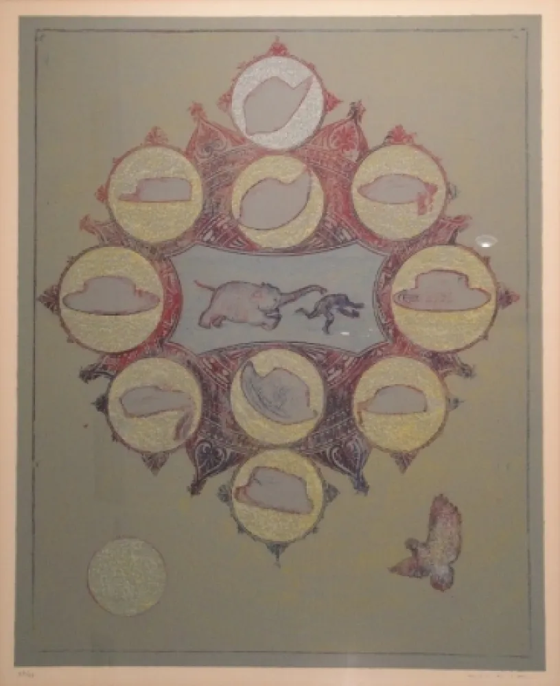 石版画 Ernst - Le singe poursuivi par un éléphant pour un vol de chapeau