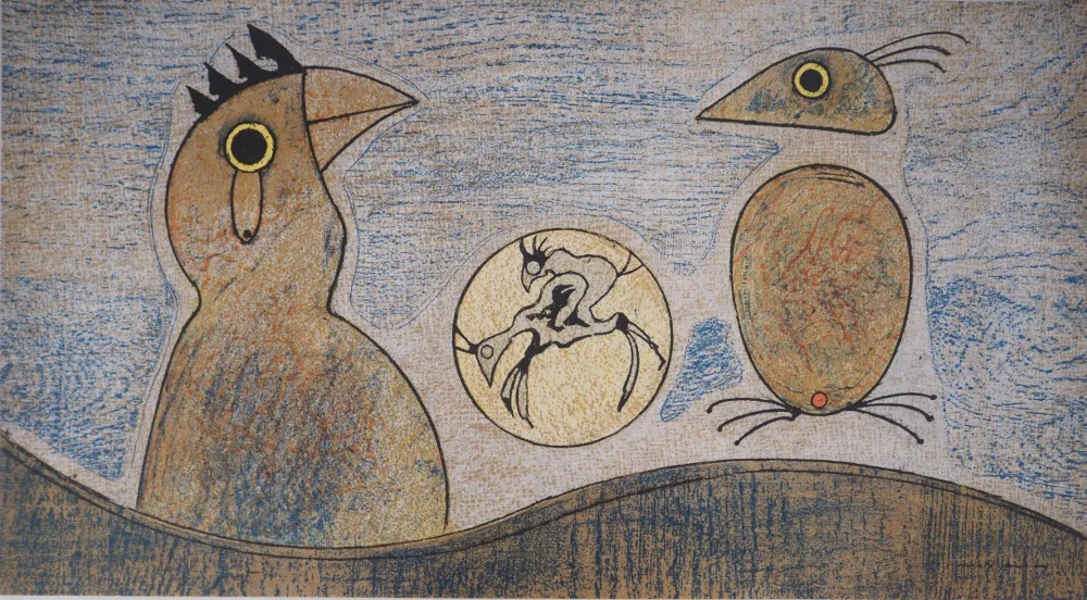 石版画 Ernst - Rêve surréaliste : les coqs