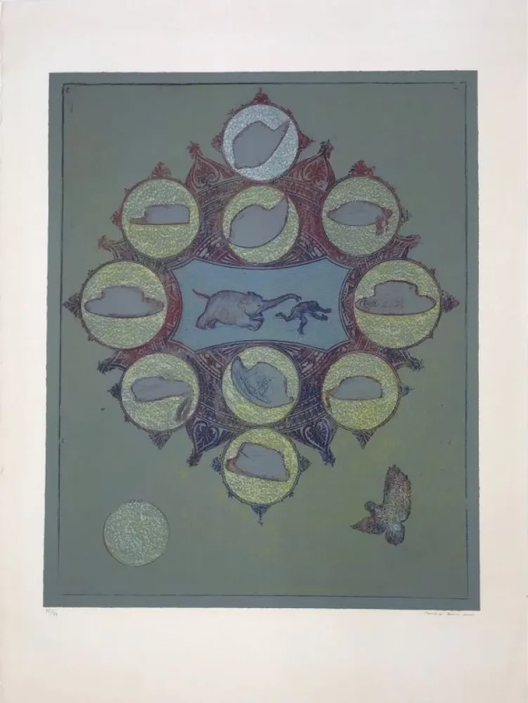 石版画 Ernst - Singe poursuivi par un éléphant pour un vol de chapeau 