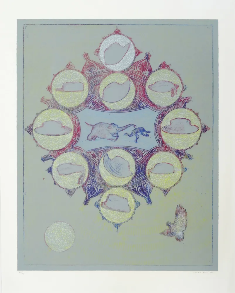 石版画 Ernst - Singe poursuivit par un éléphant