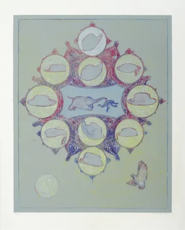 石版画 Ernst - Singe poursuivit par un éléphant