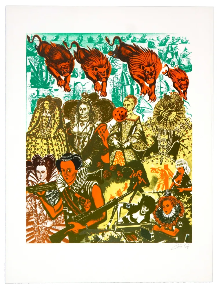 石版画 Erro - La reine Elizabeth