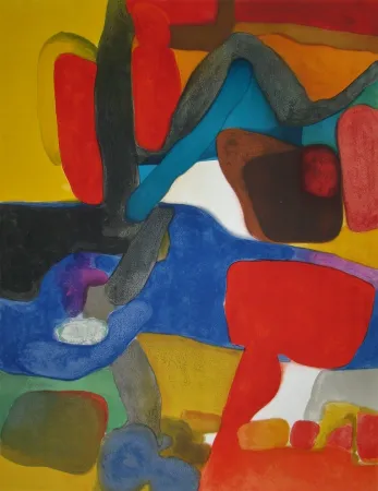 石版画 Esteve - Composition rouge et bleu