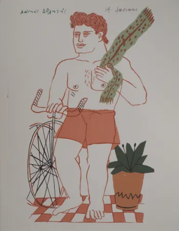 石版画 Fassianos - Cycliste à l'écharpe verte