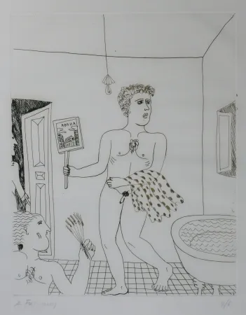 干刻版画 Fassianos - Homme sortant du bain