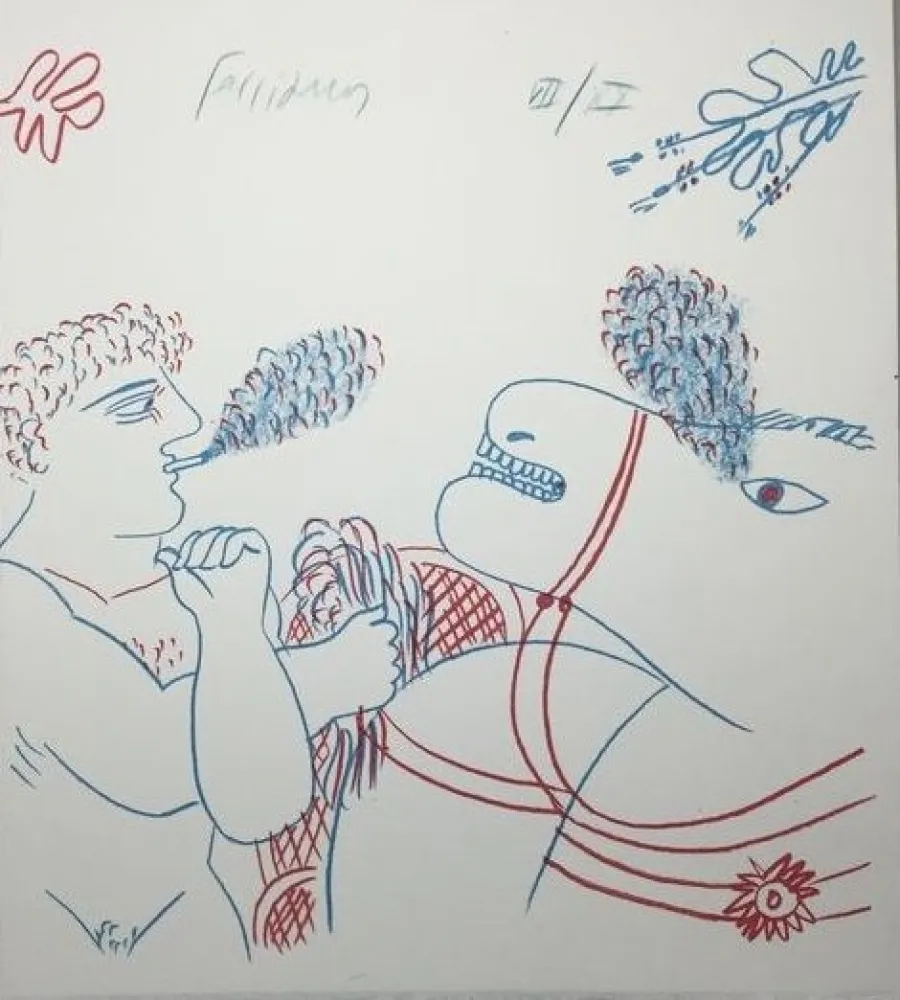 石版画 Fassianos - Le fumeur de cigarettes et le cheval