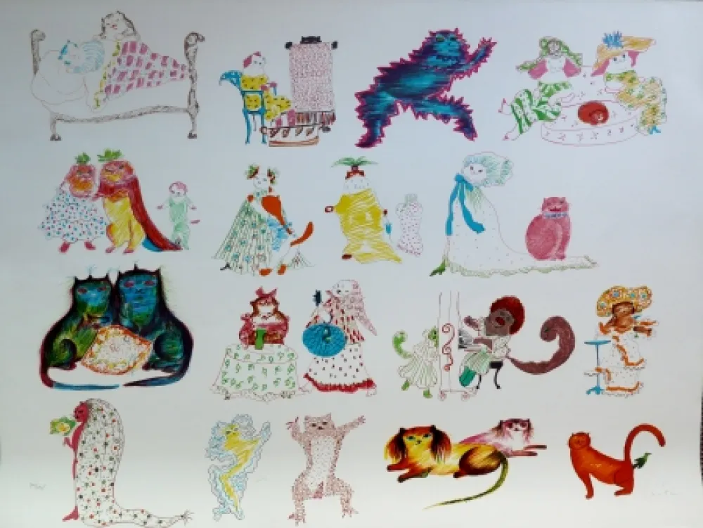 石版画 Fini - 24 Chats et un Oiseau