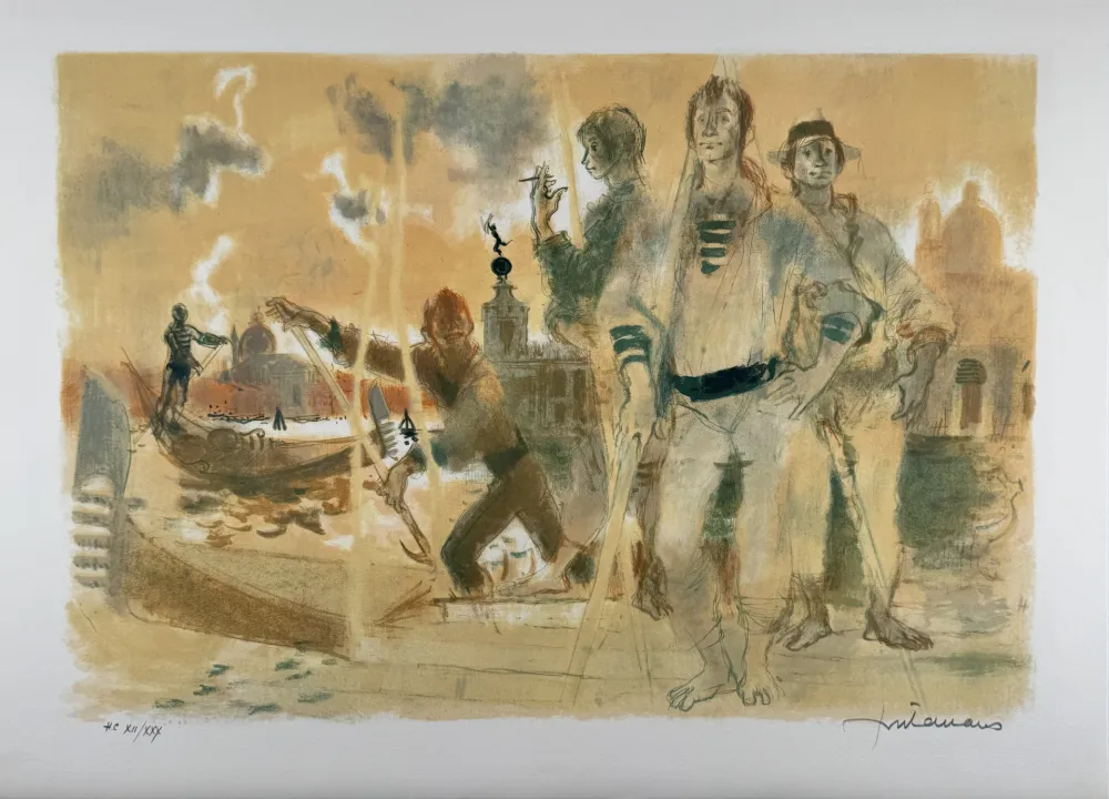 石版画 Fontanarosa - Gondoliers à Venise