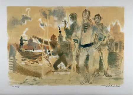石版画 Fontanarosa - Gondoliers à Venise