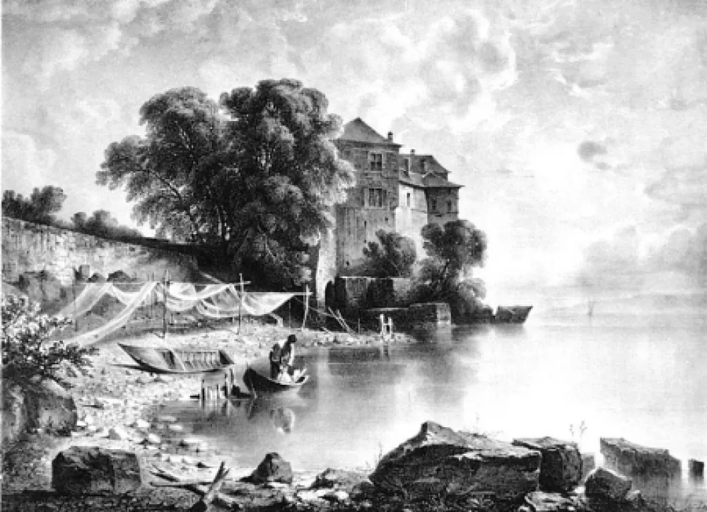 石版画 Fontanesi - Le château de Glérolles (Lac de Genève)