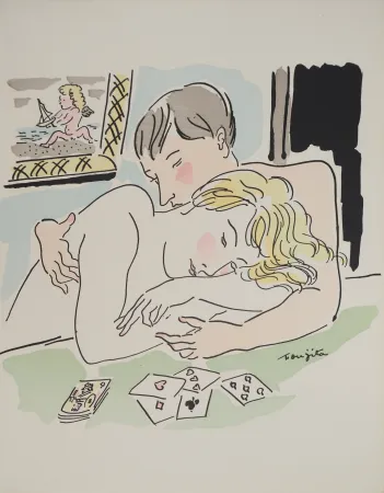 版画 Foujita - Amoureux au jeu de cartes