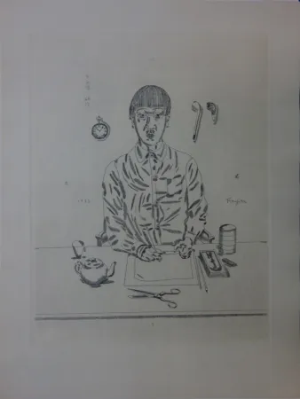 版画 Foujita - Autoportrait à la table de travail