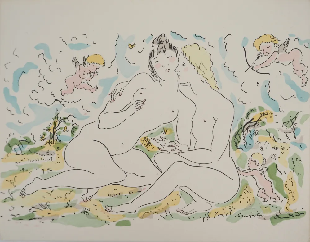 版画 Foujita - Couple de femmes et chérubins