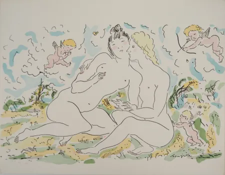 版画 Foujita - Couple de femmes et chérubins